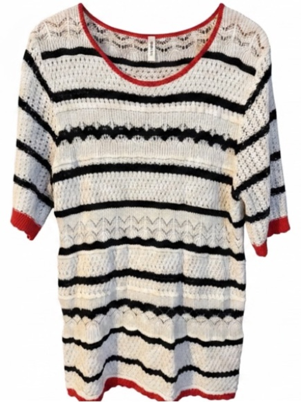Crew Neck Striped Open-Knit Sweater - White/Black with Red Trim